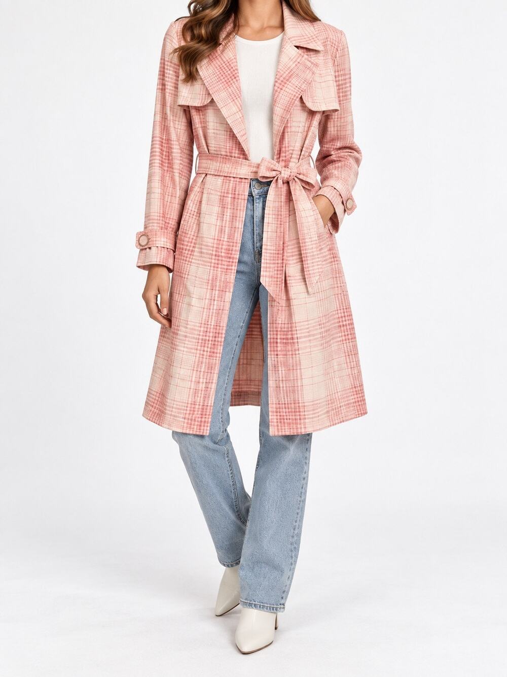 LAUREN CONRAD Pink Plaid Belted Trench Coat XS Lightweight Preppy Spring New